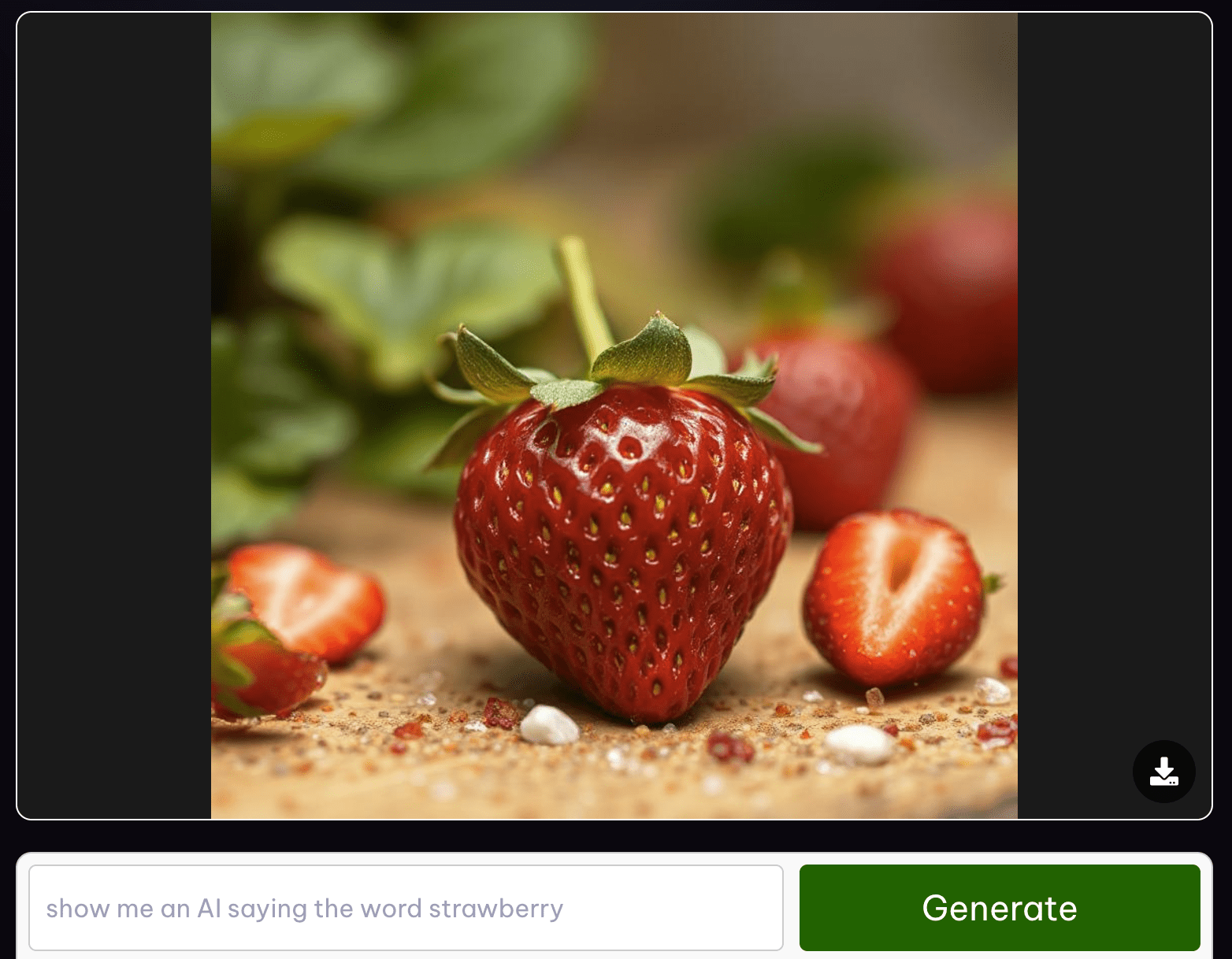 Screenshot of an AI-generated image of a strawberry created with the prompt "show me an AI saying the word strawberry".